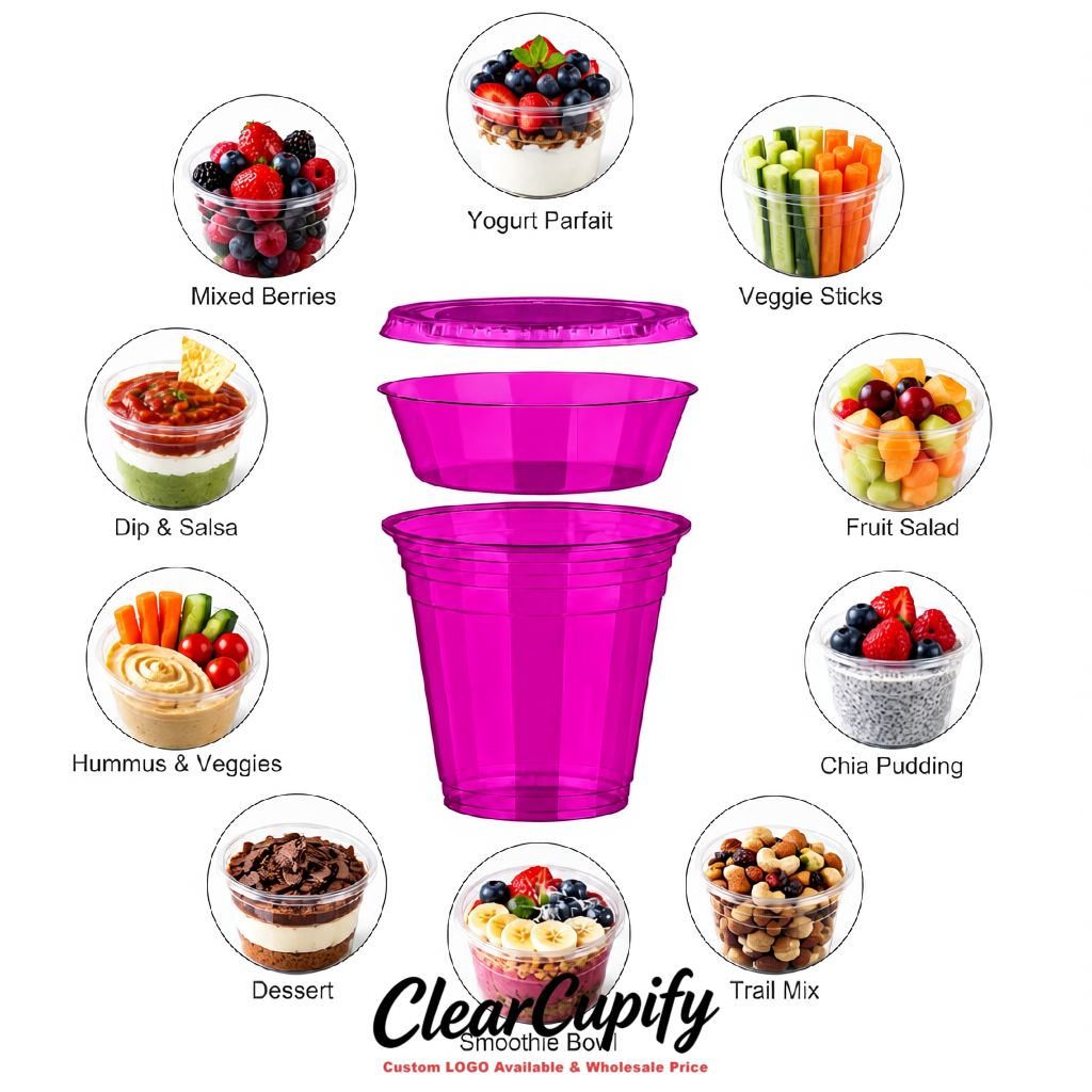 Magenta 12 oz Disposable Plastic Parfait Cups with Insert & Flat lids 3.85 x 2.1 x 4 inches