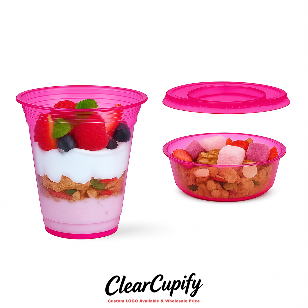 Magenta 12 oz Disposable Plastic Parfait Cups with Insert & Flat lids 3.85 x 2.1 x 4 inches