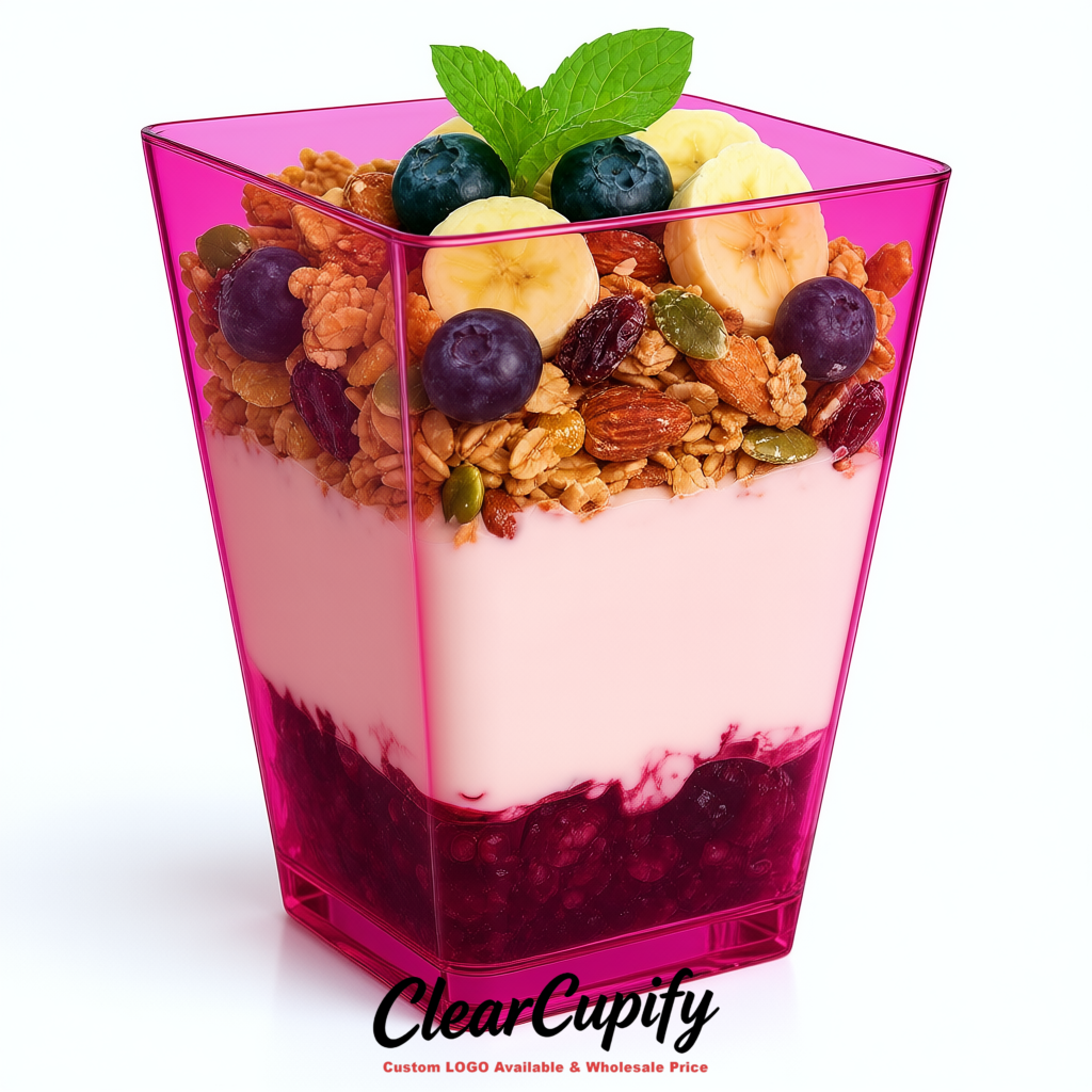 Wholesale Magenta 5 oz Square Clear Plastic Dessert Cups with Spoons for Appetizers, Puddings, Mousse, Parfait