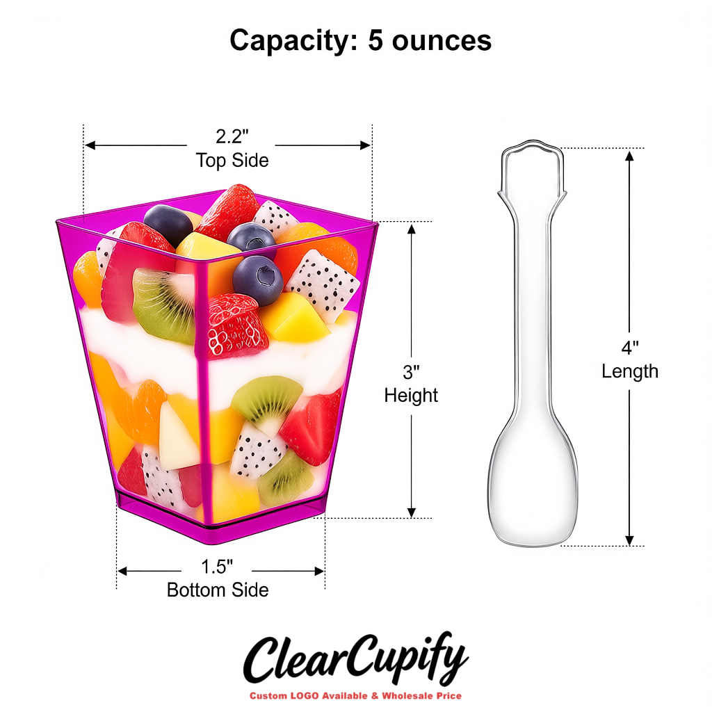 Wholesale Magenta 5 oz Square Clear Plastic Dessert Cups with Spoons for Appetizers, Puddings, Mousse, Parfait