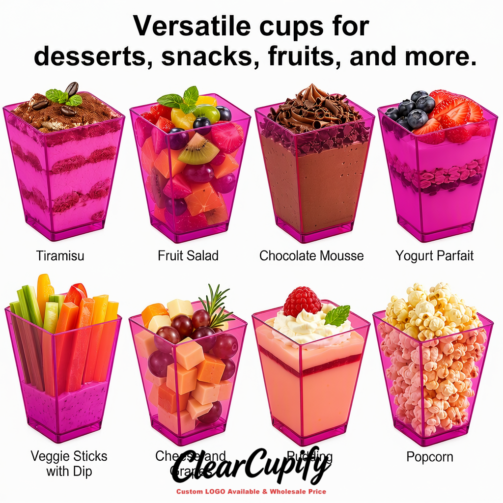 Wholesale Magenta 5 oz Square Clear Plastic Dessert Cups with Spoons for Appetizers, Puddings, Mousse, Parfait