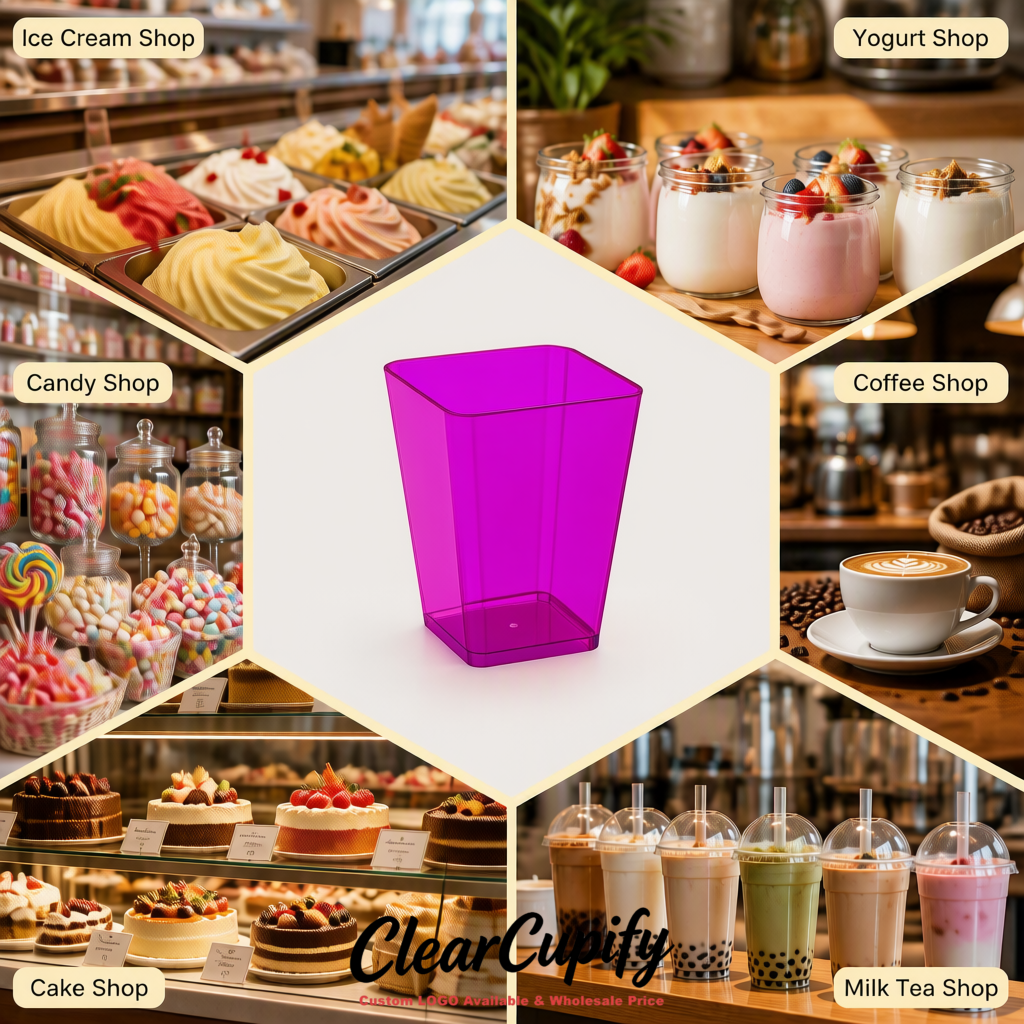 Wholesale Magenta 5 oz Square Clear Plastic Dessert Cups with Spoons for Appetizers, Puddings, Mousse, Parfait