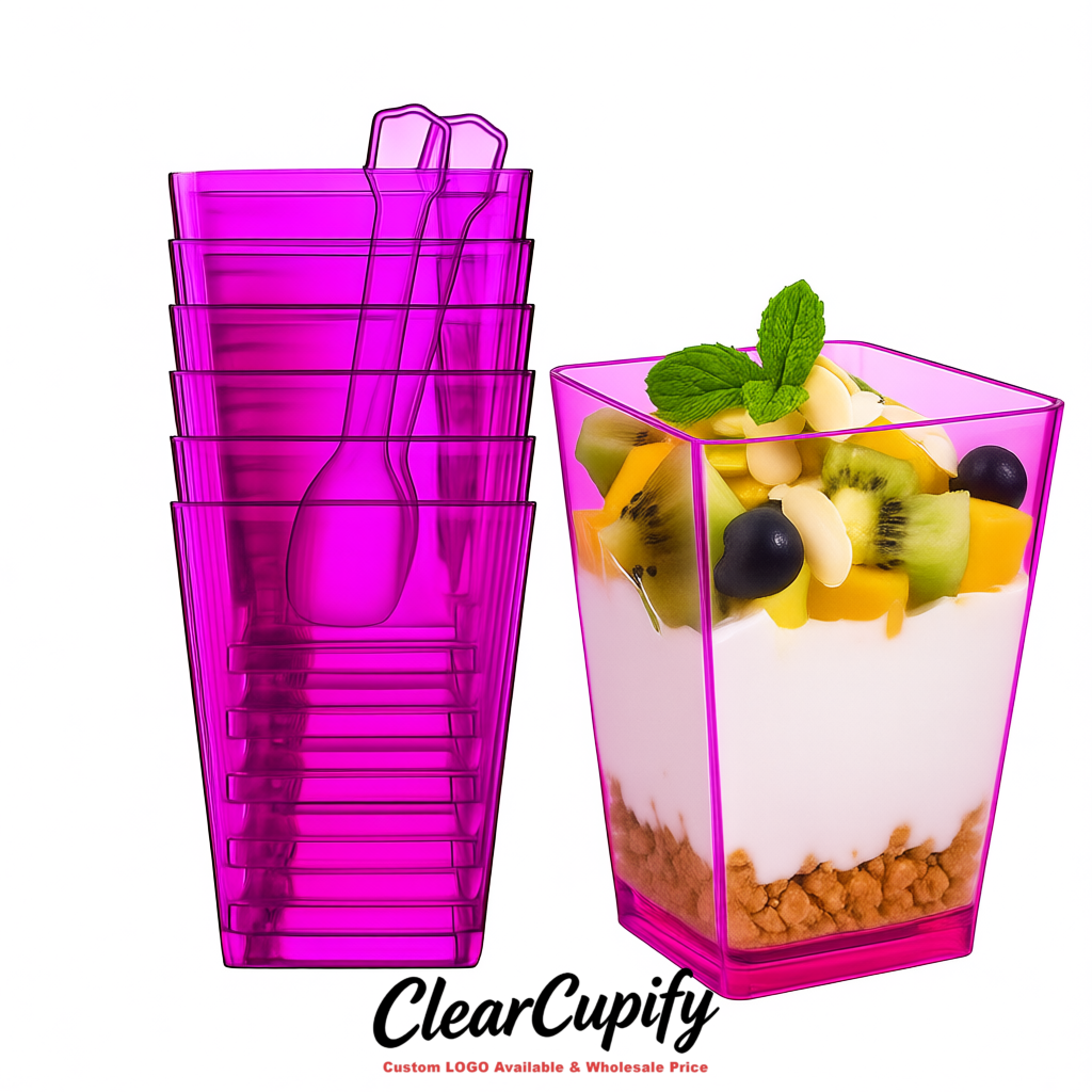 Wholesale Magenta 5 oz Square Clear Plastic Dessert Cups with Spoons for Appetizers, Puddings, Mousse, Parfait