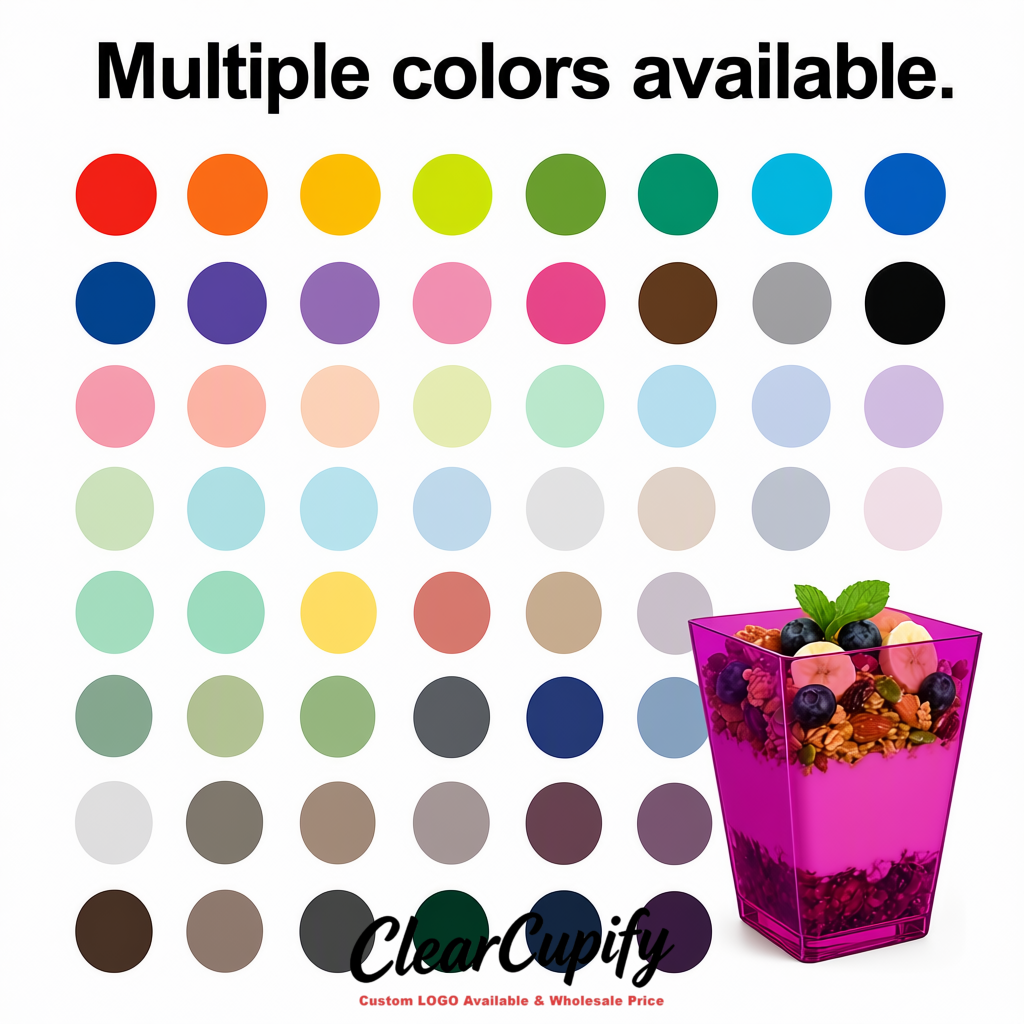 Wholesale Magenta 5 oz Square Clear Plastic Dessert Cups with Spoons for Appetizers, Puddings, Mousse, Parfait