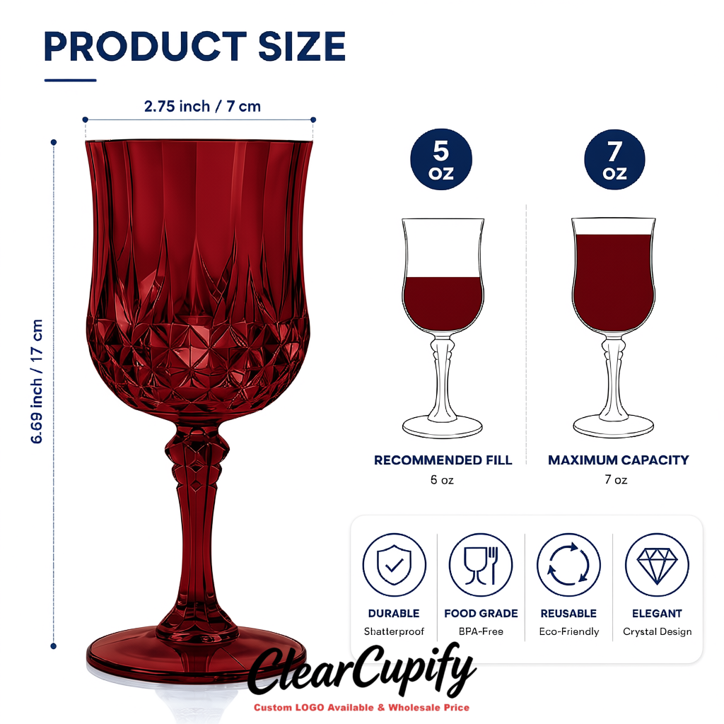 Maroon 7oz Acrylic Plastic Wine Goblets - 2.7 x 6.7 inches Party & Wedding Wine Glasses