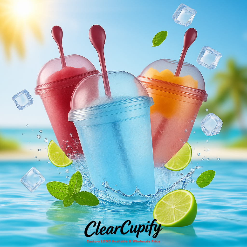 Maroon 16 oz Plastic Slushie Cups with Dome Lid & Detachable Spoon Straws for Milkshake, Boba, Smoothies, Iced Coffee