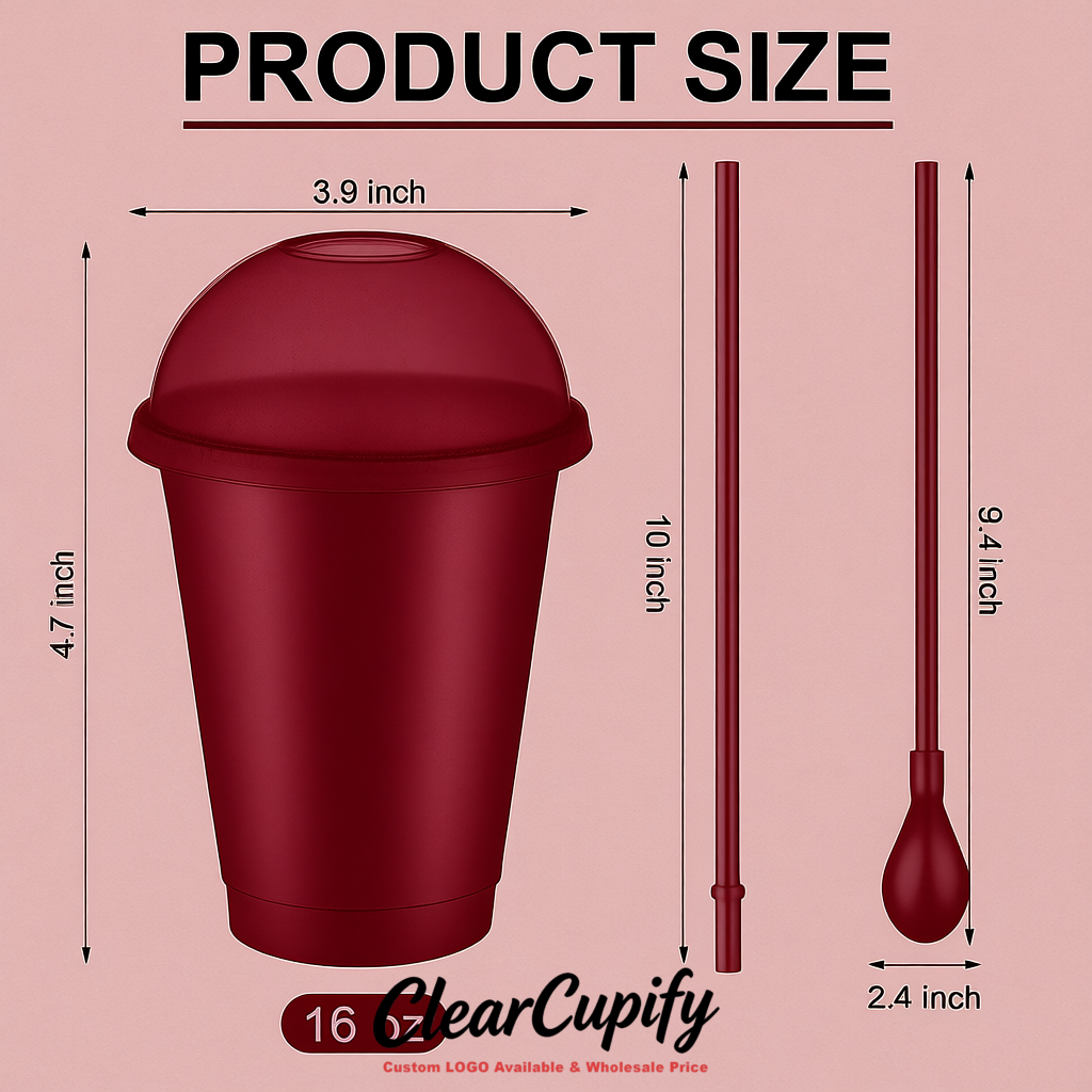 Maroon 16 oz Plastic Slushie Cups with Dome Lid & Detachable Spoon Straws for Milkshake, Boba, Smoothies, Iced Coffee