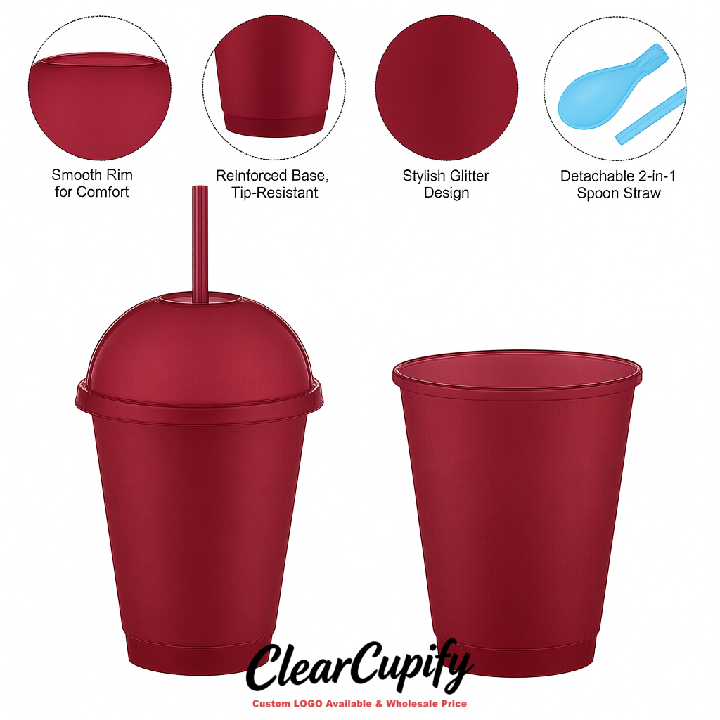 Maroon 16 oz Plastic Slushie Cups with Dome Lid & Detachable Spoon Straws for Milkshake, Boba, Smoothies, Iced Coffee