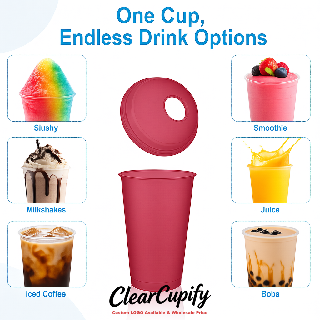Maroon 16 oz Plastic Slushie Cups with Dome Lid & Detachable Spoon Straws for Milkshake, Boba, Smoothies, Iced Coffee