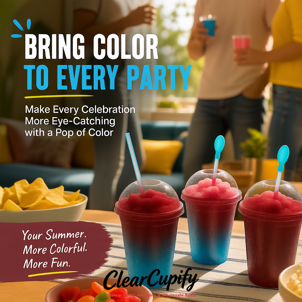 Maroon 16 oz Plastic Slushie Cups with Dome Lid & Detachable Spoon Straws for Milkshake, Boba, Smoothies, Iced Coffee