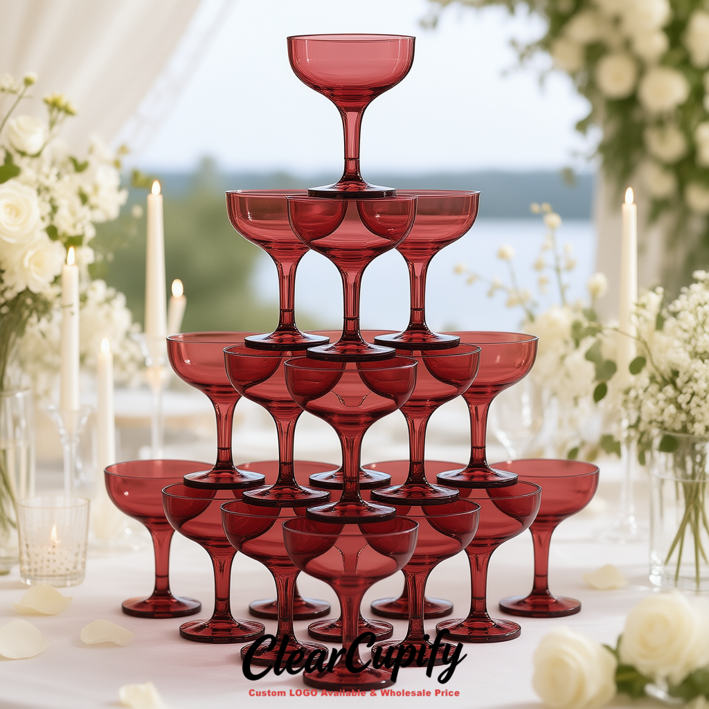 Maroon 5oz Stackable Plastic Martini Glasses 4.13x3.14 inches/10.5x8 cm  For Champagne Tower
