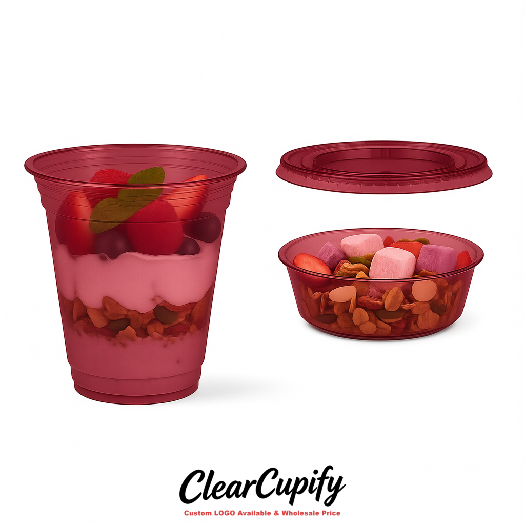 Maroon 12 oz Disposable Plastic Parfait Cups with Insert & Flat lids 3.85 x 2.1 x 4 inches