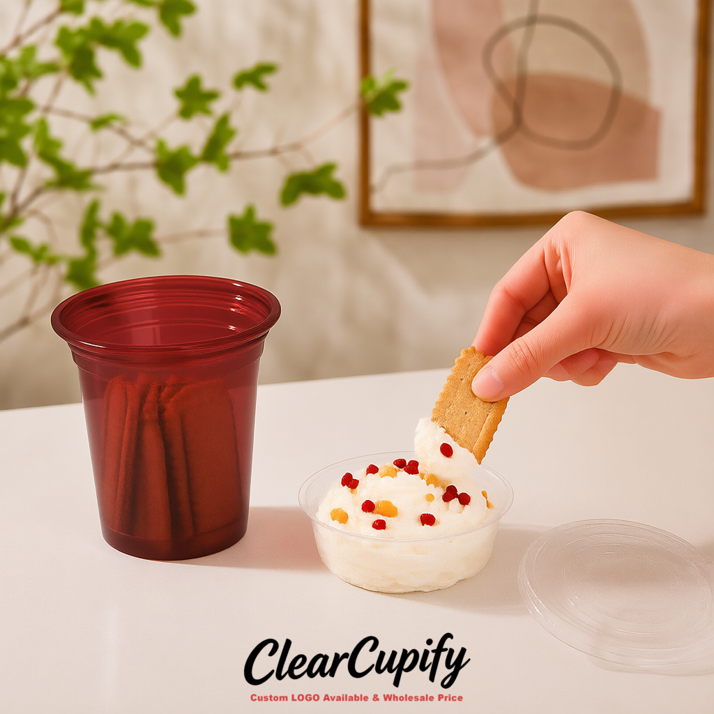 Maroon 12 oz Disposable Plastic Parfait Cups with Insert & Flat lids 3.85 x 2.1 x 4 inches