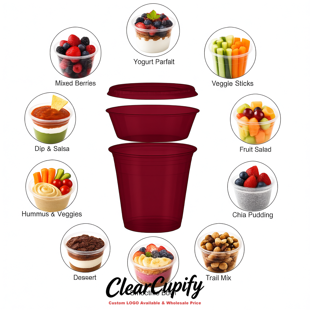 Maroon 12 oz Disposable Plastic Parfait Cups with Insert & Flat lids 3.85 x 2.1 x 4 inches