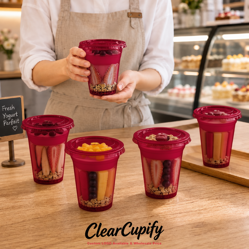 Maroon 12 oz Disposable Plastic Parfait Cups with Insert & Flat lids 3.85 x 2.1 x 4 inches