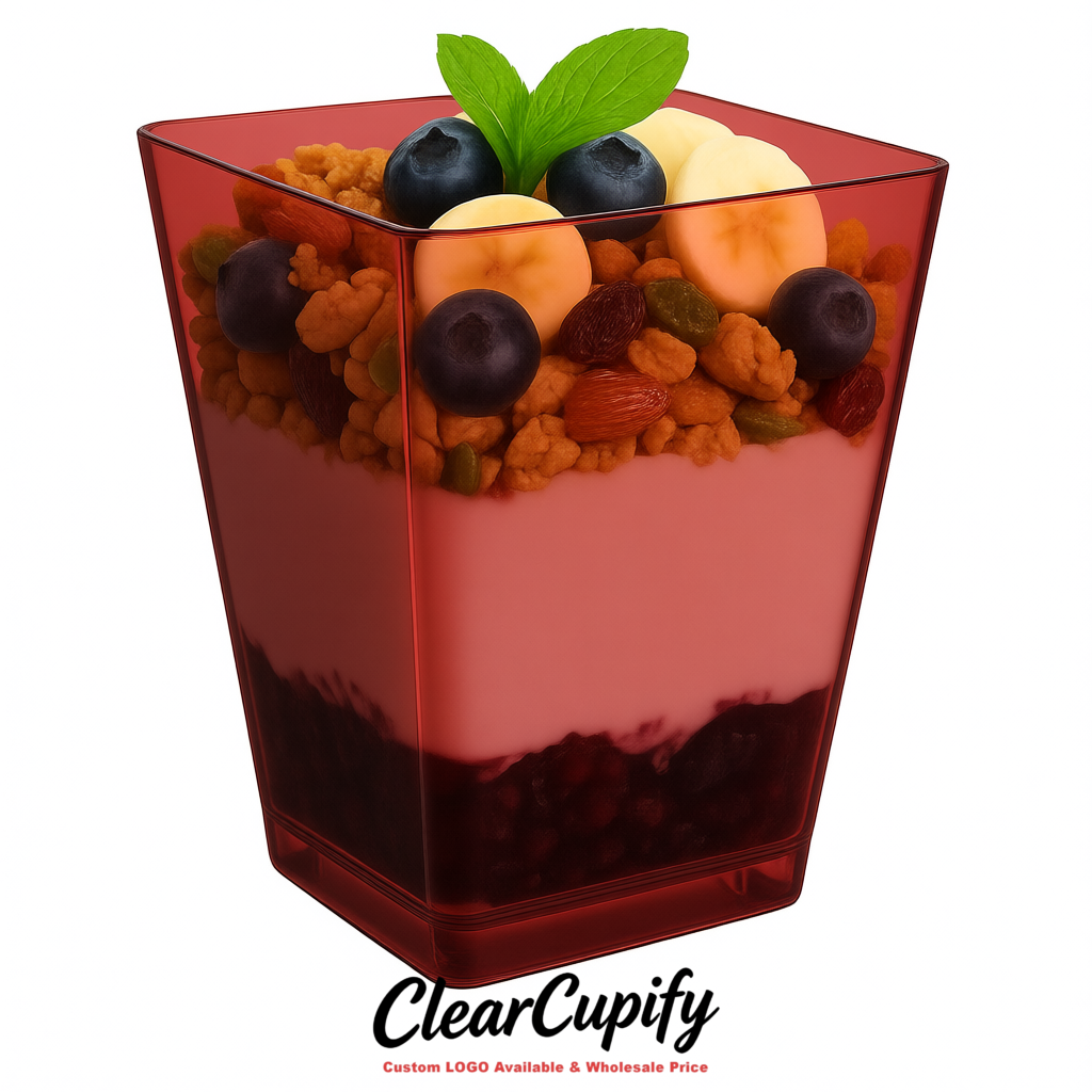 Wholesale Maroon 5 oz Square Clear Plastic Dessert Cups with Spoons for Appetizers, Puddings, Mousse, Parfait