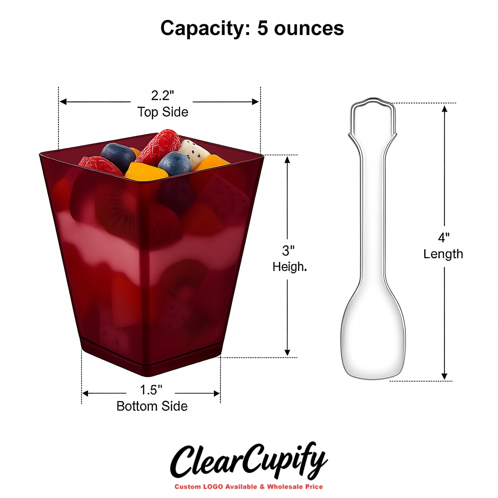 Wholesale Maroon 5 oz Square Clear Plastic Dessert Cups with Spoons for Appetizers, Puddings, Mousse, Parfait