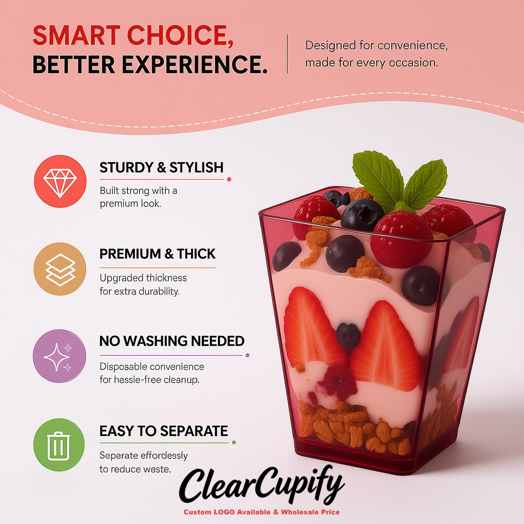 Wholesale Maroon 5 oz Square Clear Plastic Dessert Cups with Spoons for Appetizers, Puddings, Mousse, Parfait