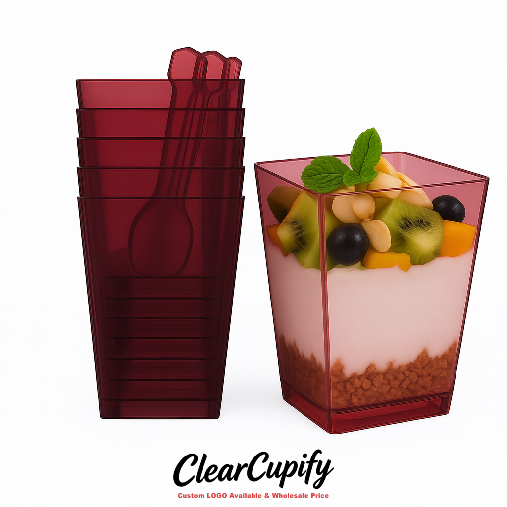 Wholesale Maroon 5 oz Square Clear Plastic Dessert Cups with Spoons for Appetizers, Puddings, Mousse, Parfait