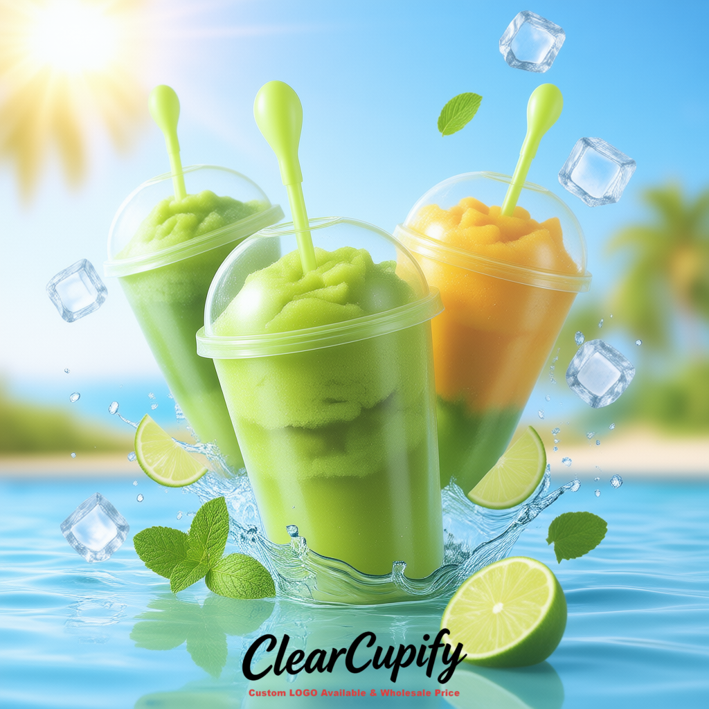 Matcha Green 16 oz Plastic Slushie Cups with Dome Lid & Detachable Spoon Straws for Milkshake, Boba, Smoothies, Iced Coffee