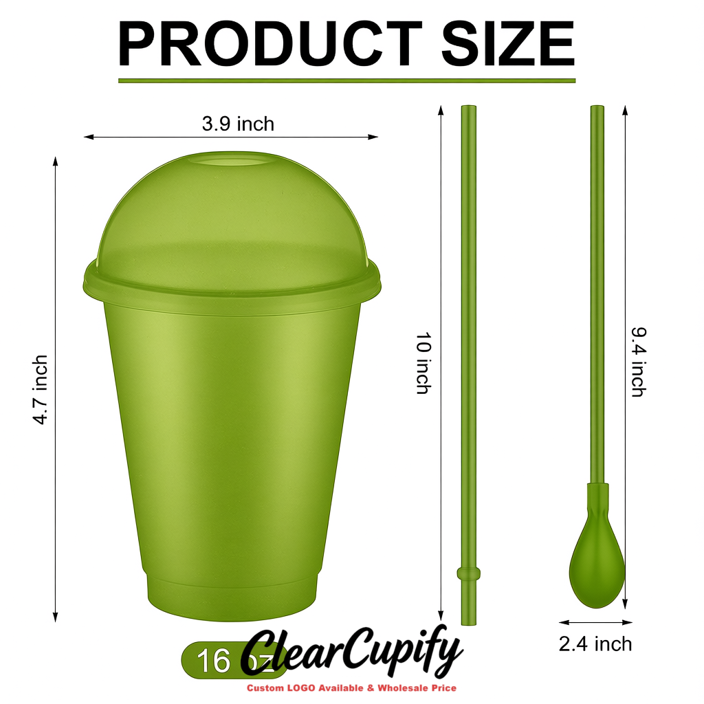 Matcha Green 16 oz Plastic Slushie Cups with Dome Lid & Detachable Spoon Straws for Milkshake, Boba, Smoothies, Iced Coffee