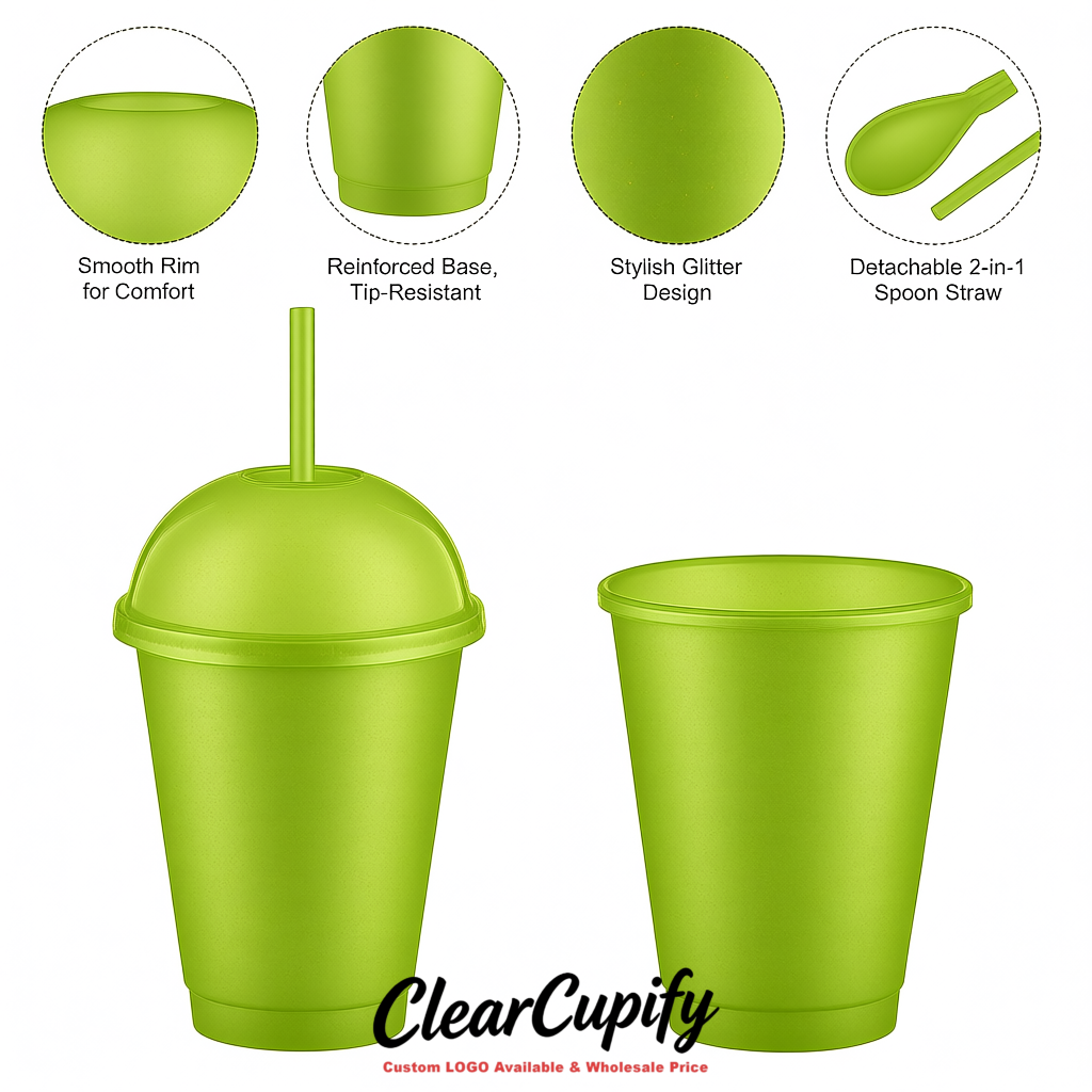Matcha Green 16 oz Plastic Slushie Cups with Dome Lid & Detachable Spoon Straws for Milkshake, Boba, Smoothies, Iced Coffee