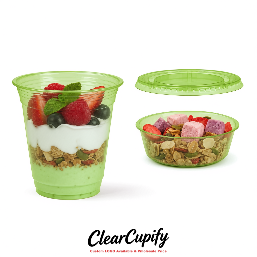 Matcha Green 12 oz Disposable Plastic Parfait Cups with Insert & Flat lids 3.85 x 2.1 x 4 inches
