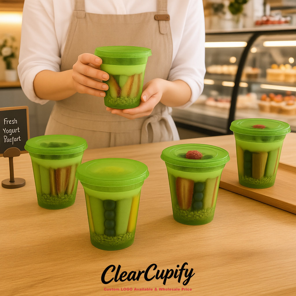 Matcha Green 12 oz Disposable Plastic Parfait Cups with Insert & Flat lids 3.85 x 2.1 x 4 inches
