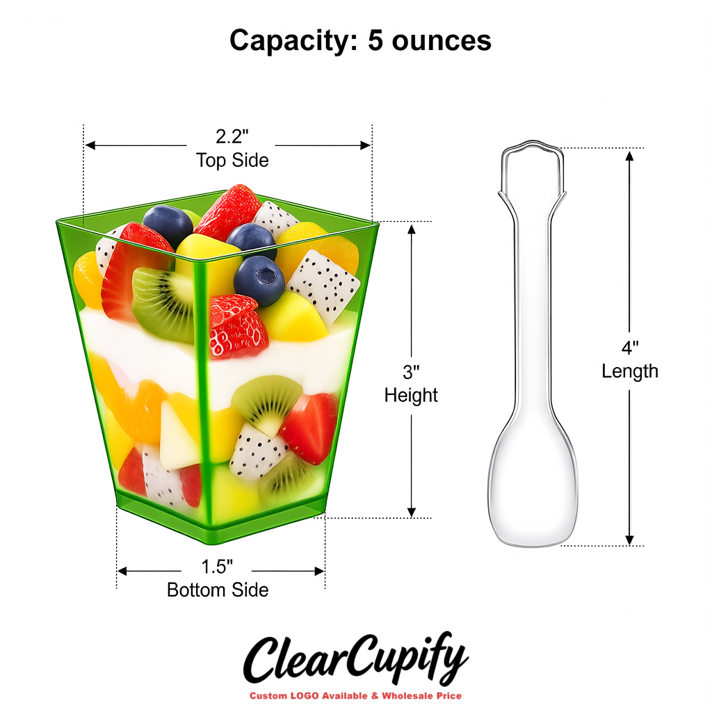 Wholesale Matcha Green 5 oz Square Clear Plastic Dessert Cups with Spoons for Appetizers, Puddings, Mousse, Parfait