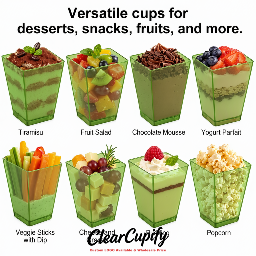 Wholesale Matcha Green 5 oz Square Clear Plastic Dessert Cups with Spoons for Appetizers, Puddings, Mousse, Parfait