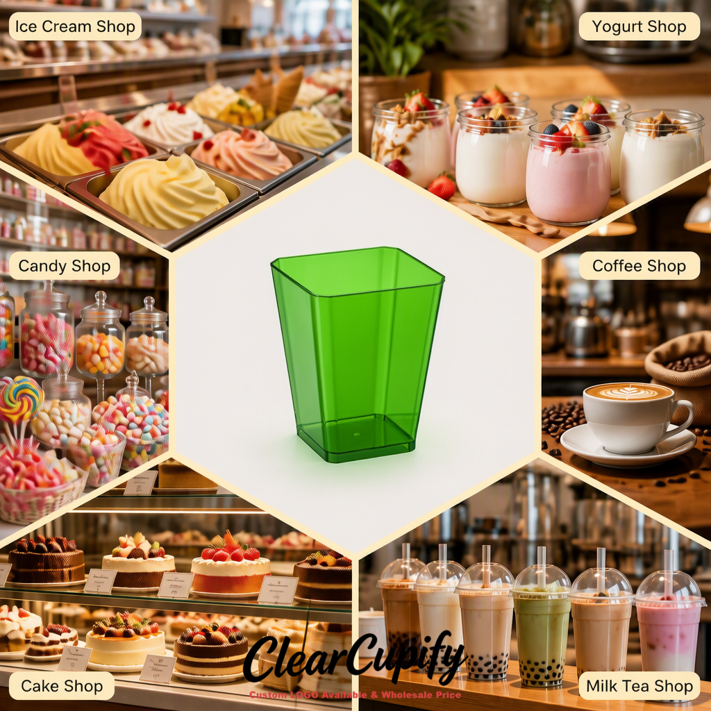 Wholesale Matcha Green 5 oz Square Clear Plastic Dessert Cups with Spoons for Appetizers, Puddings, Mousse, Parfait