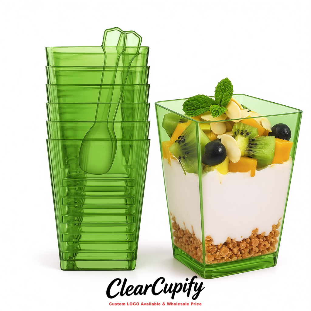 Wholesale Matcha Green 5 oz Square Clear Plastic Dessert Cups with Spoons for Appetizers, Puddings, Mousse, Parfait