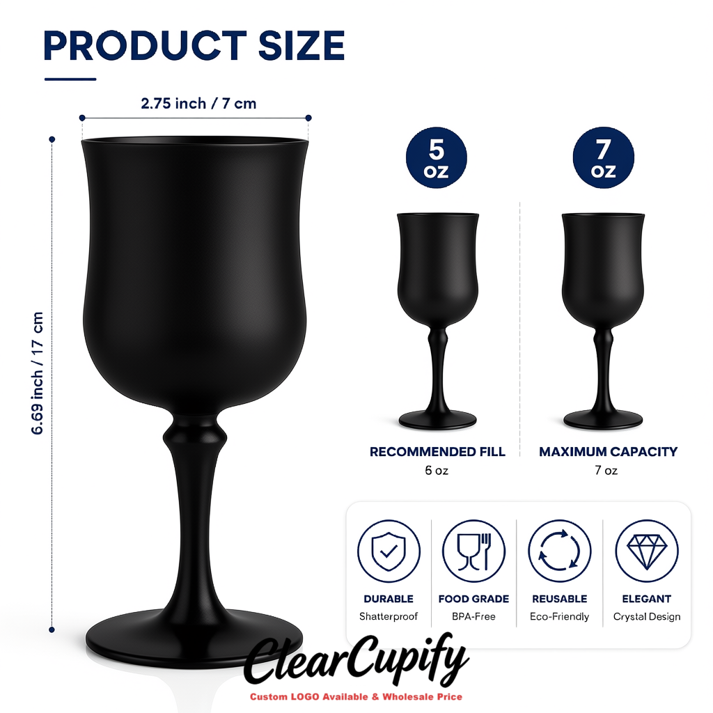Matte Black 7oz Acrylic Plastic Wine Goblets - 2.7 x 6.7 inches Party & Wedding Wine Glasses