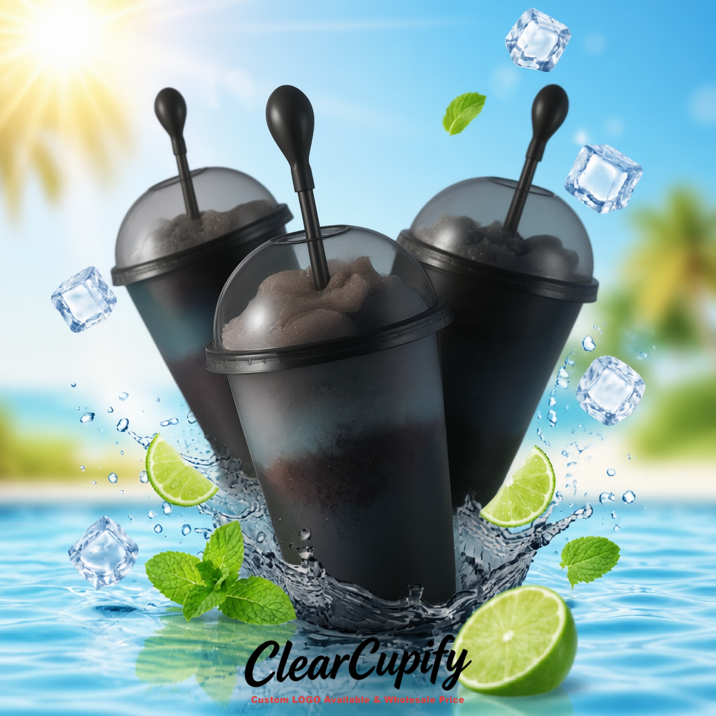 Matte Black 16 oz Plastic Slushie Cups with Dome Lid & Detachable Spoon Straws for Milkshake, Boba, Smoothies, Iced Coffee