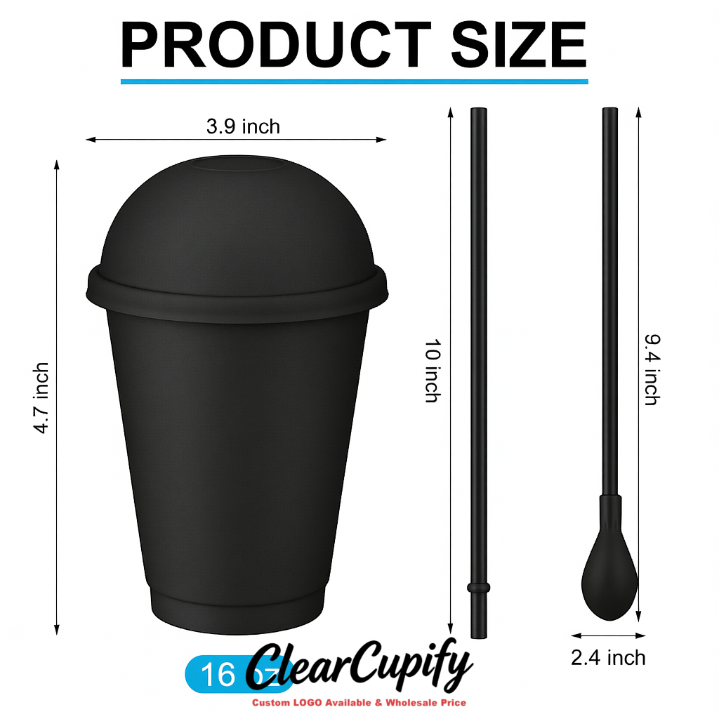 Matte Black 16 oz Plastic Slushie Cups with Dome Lid & Detachable Spoon Straws for Milkshake, Boba, Smoothies, Iced Coffee