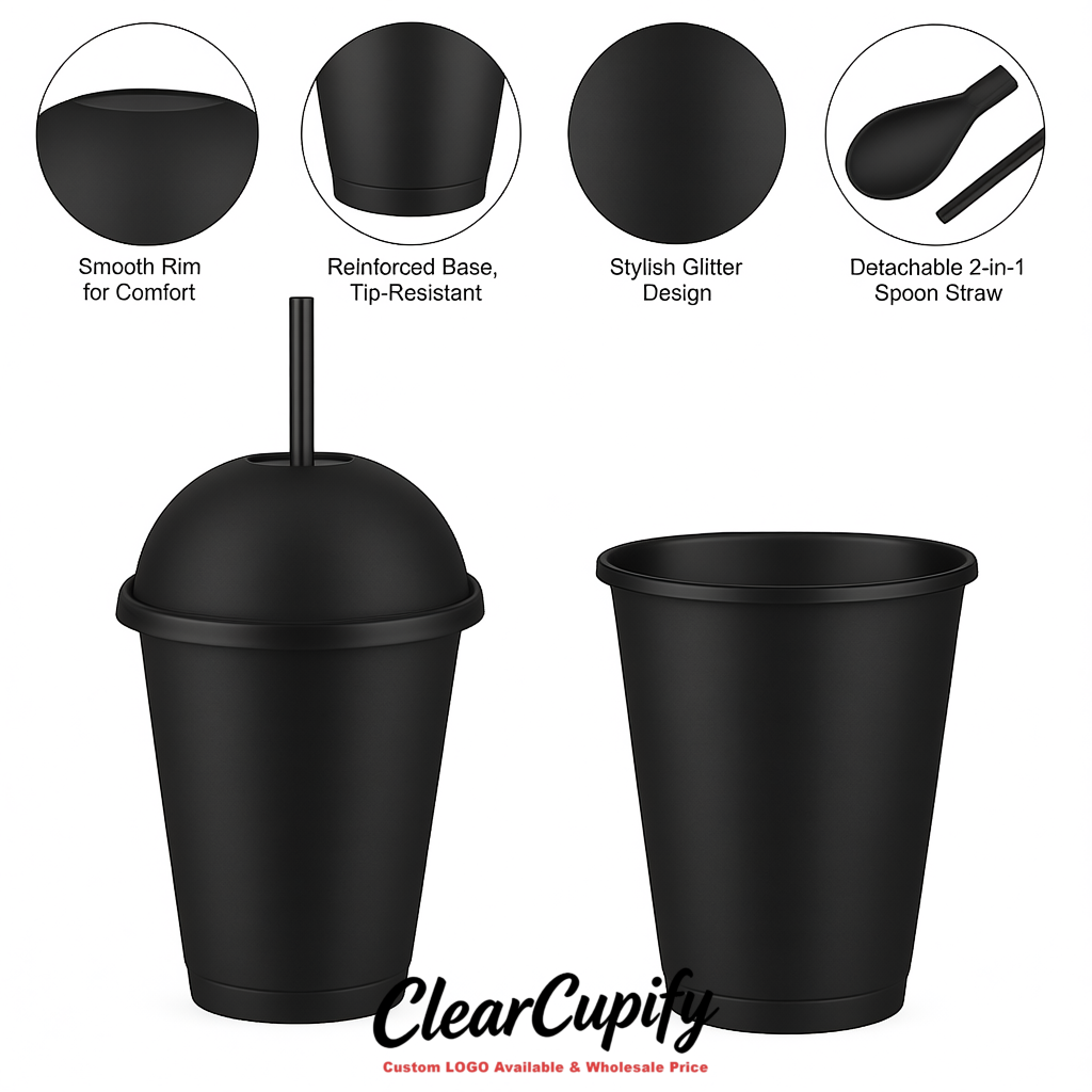 Matte Black 16 oz Plastic Slushie Cups with Dome Lid & Detachable Spoon Straws for Milkshake, Boba, Smoothies, Iced Coffee