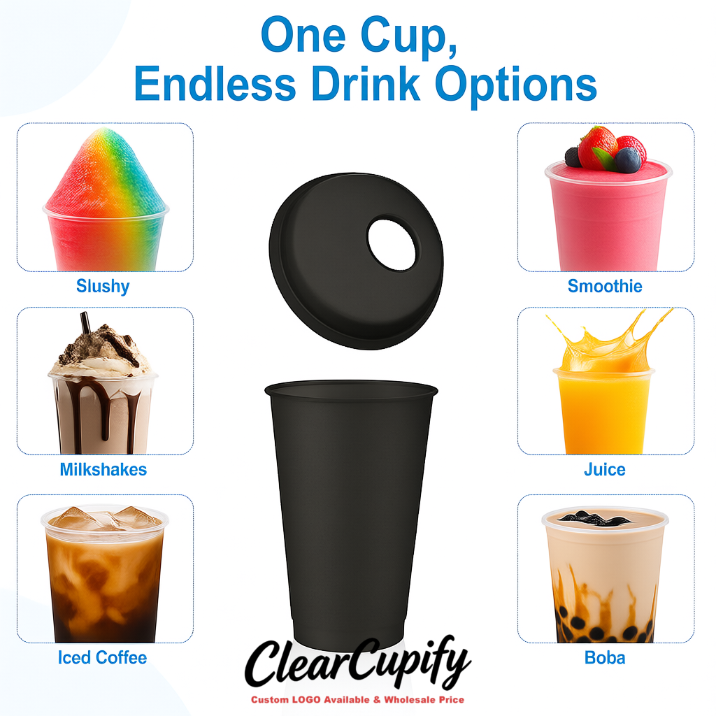 Matte Black 16 oz Plastic Slushie Cups with Dome Lid & Detachable Spoon Straws for Milkshake, Boba, Smoothies, Iced Coffee