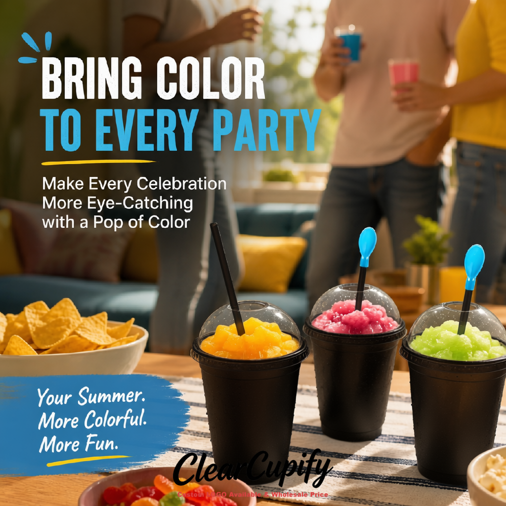 Matte Black 16 oz Plastic Slushie Cups with Dome Lid & Detachable Spoon Straws for Milkshake, Boba, Smoothies, Iced Coffee