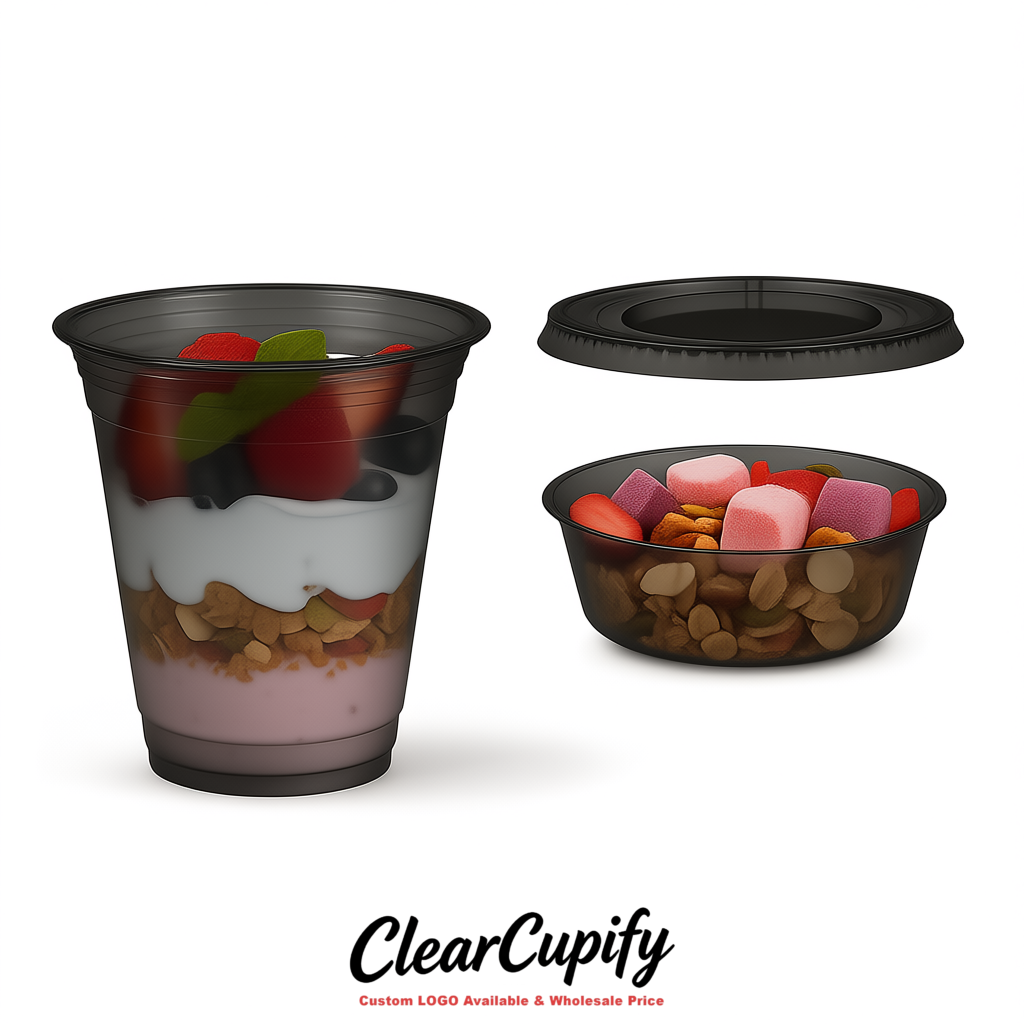 Matte Black 12 oz Disposable Plastic Parfait Cups with Insert & Flat lids 3.85 x 2.1 x 4 inches