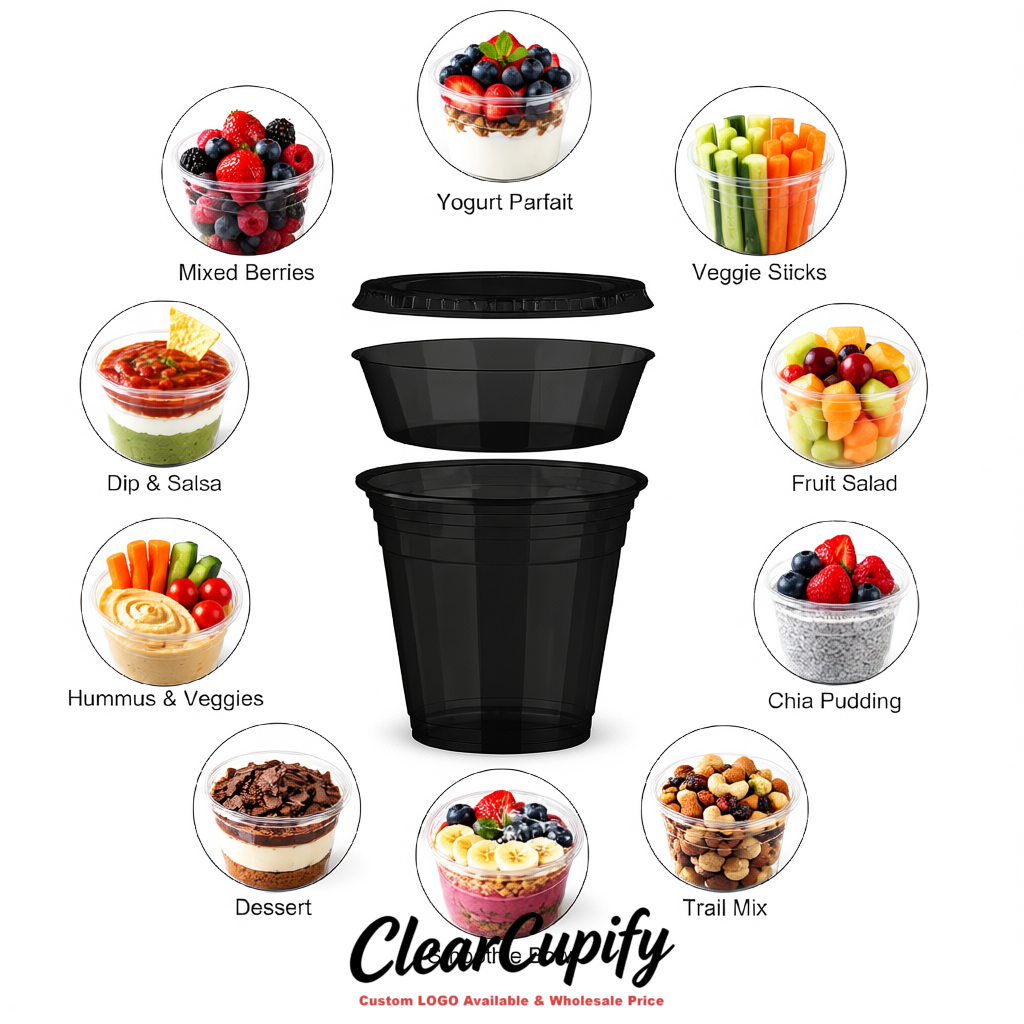 Matte Black 12 oz Disposable Plastic Parfait Cups with Insert & Flat lids 3.85 x 2.1 x 4 inches