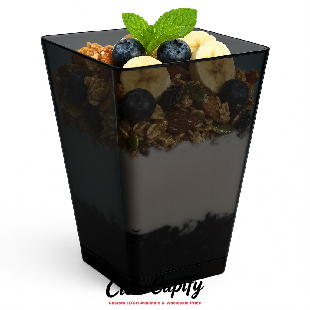 Wholesale Matte Black 5 oz Square Clear Plastic Dessert Cups with Spoons for Appetizers, Puddings, Mousse, Parfait