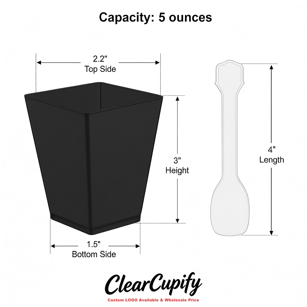 Wholesale Matte Black 5 oz Square Clear Plastic Dessert Cups with Spoons for Appetizers, Puddings, Mousse, Parfait Wholesale Matte Black 5 oz Square Clear Plastic Dessert Cups with Spoons for Appetizers, Puddings, Mousse, Parfait