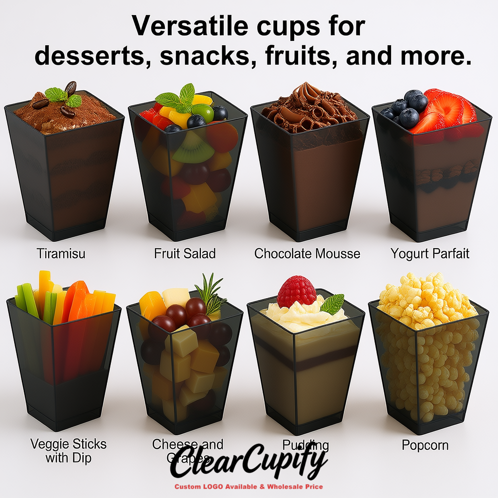 Wholesale Matte Black 5 oz Square Clear Plastic Dessert Cups with Spoons for Appetizers, Puddings, Mousse, Parfait
