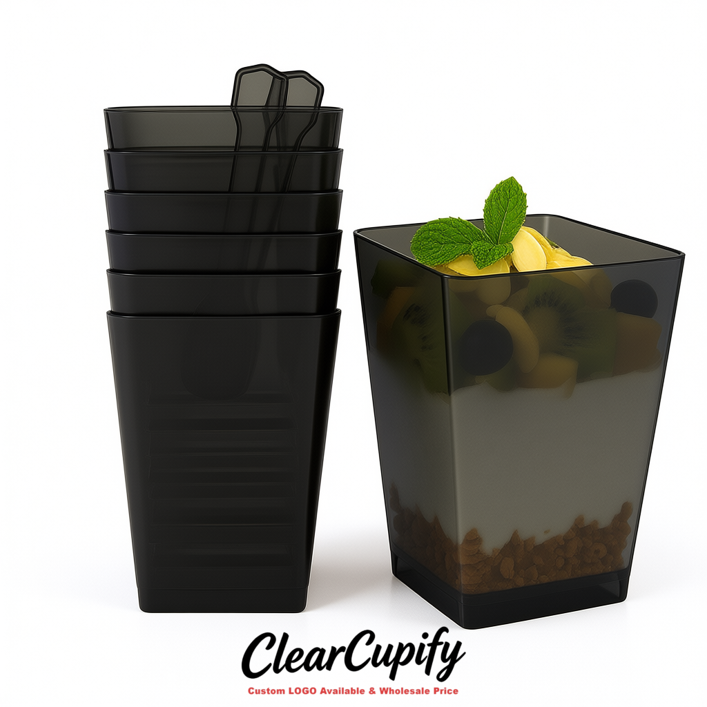 Wholesale Matte Black 5 oz Square Clear Plastic Dessert Cups with Spoons for Appetizers, Puddings, Mousse, Parfait