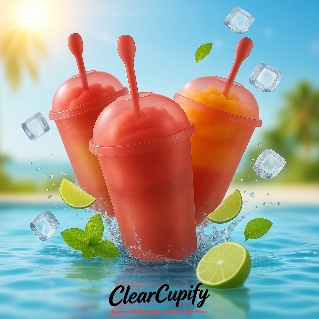 Matte Red 16 oz Plastic Slushie Cups with Dome Lid & Detachable Spoon Straws for Milkshake, Boba, Smoothies, Iced Coffee