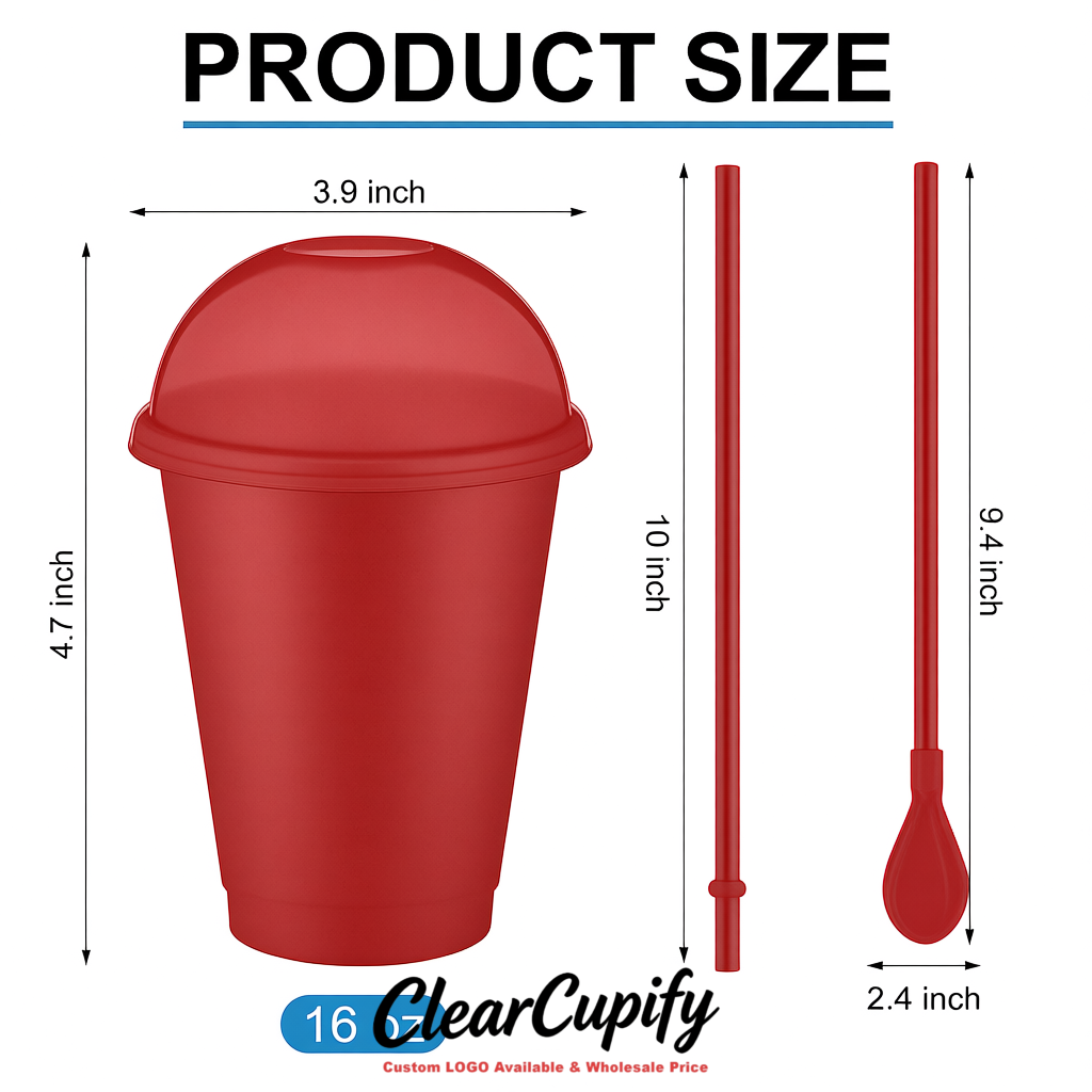 Matte Red 16 oz Plastic Slushie Cups with Dome Lid & Detachable Spoon Straws for Milkshake, Boba, Smoothies, Iced Coffee