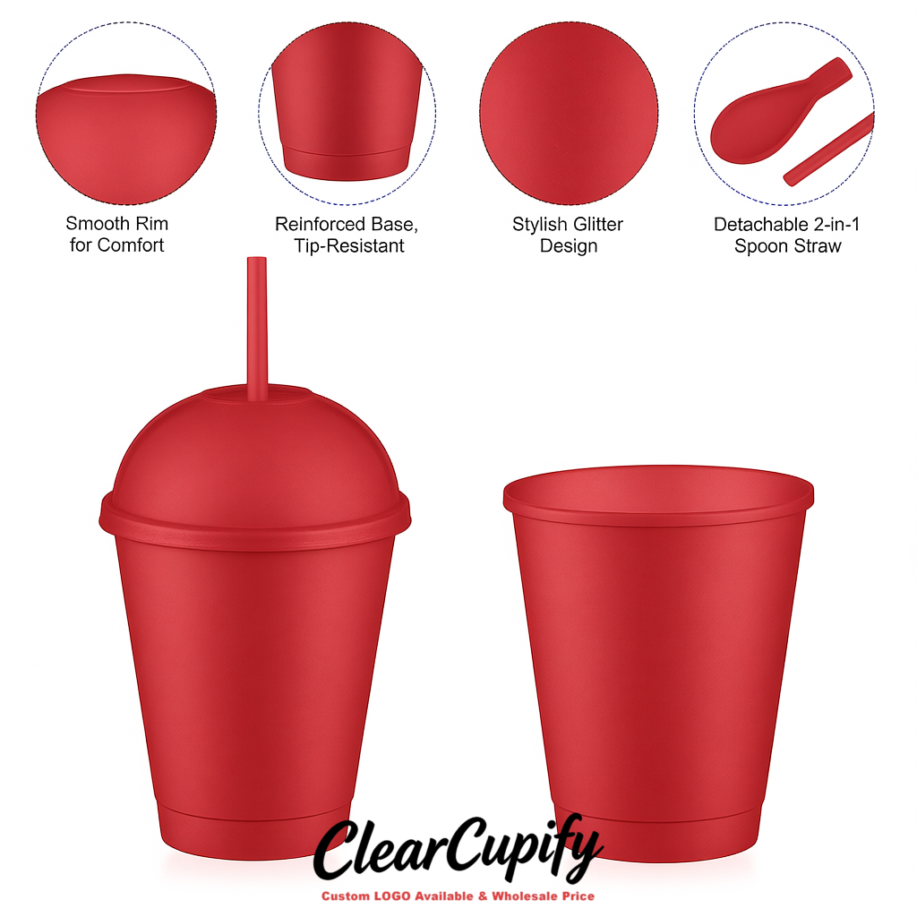 Matte Red 16 oz Plastic Slushie Cups with Dome Lid & Detachable Spoon Straws for Milkshake, Boba, Smoothies, Iced Coffee