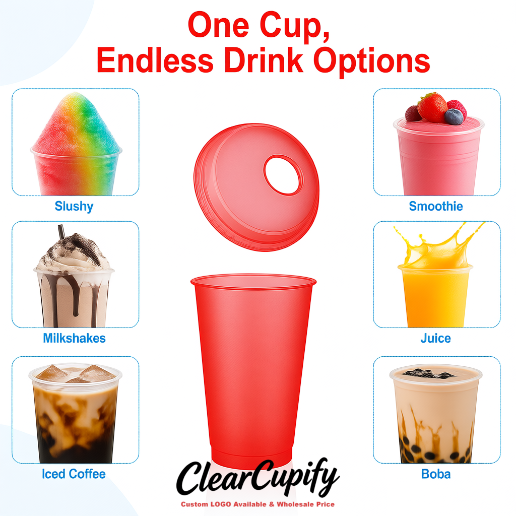 Matte Red 16 oz Plastic Slushie Cups with Dome Lid & Detachable Spoon Straws for Milkshake, Boba, Smoothies, Iced Coffee