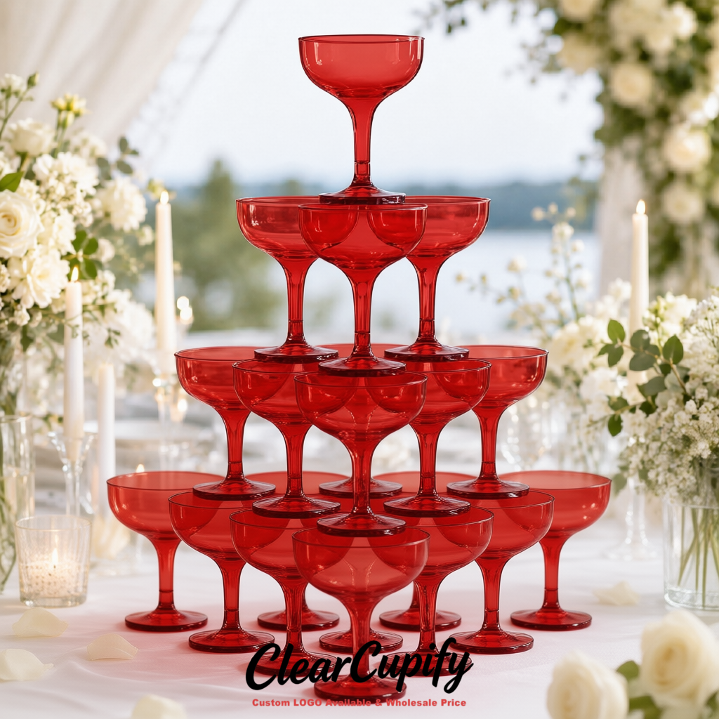 Matte Red 5oz Stackable Plastic Martini Glasses 4.13x3.14 inches/10.5x8 cm For Champagne Tower