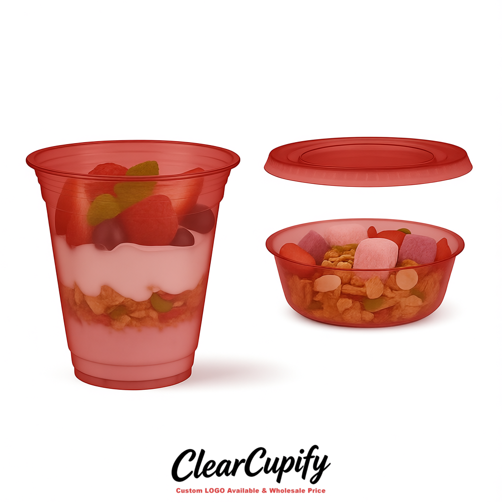 Matte Red 12 oz Disposable Plastic Parfait Cups with Insert & Flat lids 3.85 x 2.1 x 4 inches